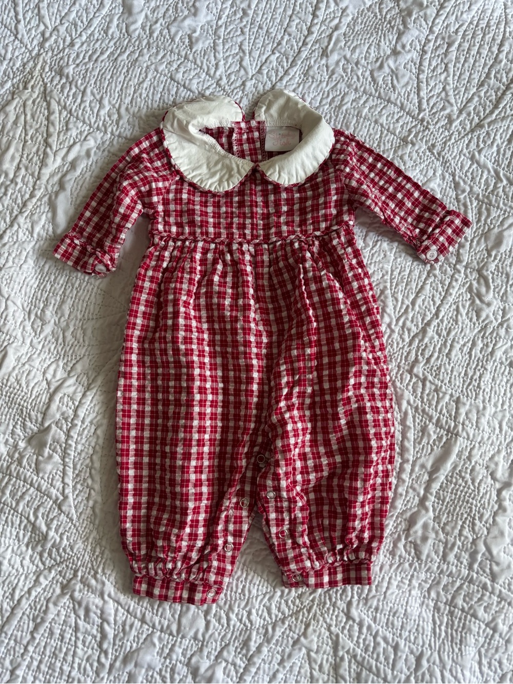 Stitchy Fish Red Gingham Baby One-Piece with White Collar